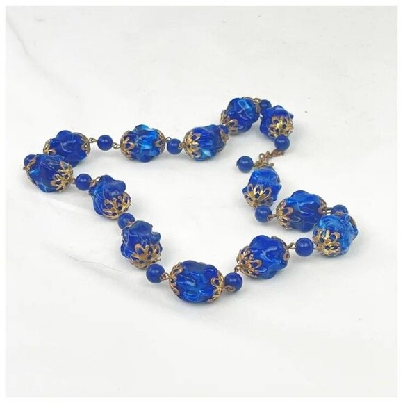 Vintage Cobalt Blue Early Plastic Necklace circa 1930, Antique Necklace, Sterlin - Picture 4 of 5